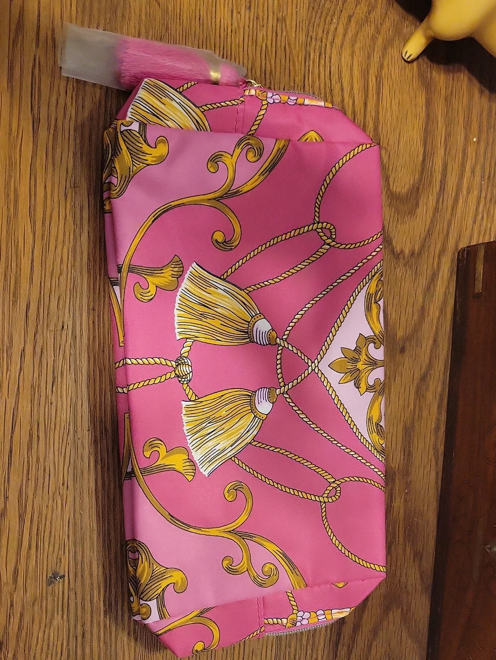 Estee Lauder Pink and Gold Tassel Print Cosmetic Bag